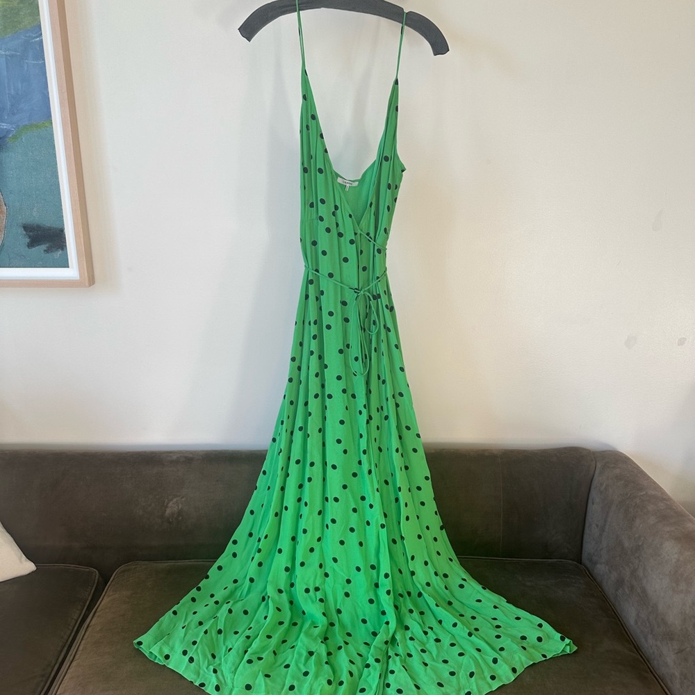 Ganni Green Polka Dot Wrap Maxi Dress with Spaghetti Straps